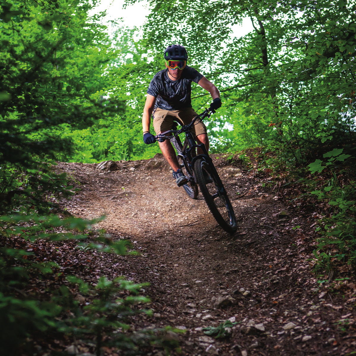 A mountain biker riding a lift-served trail at Loon Mountain in summer
